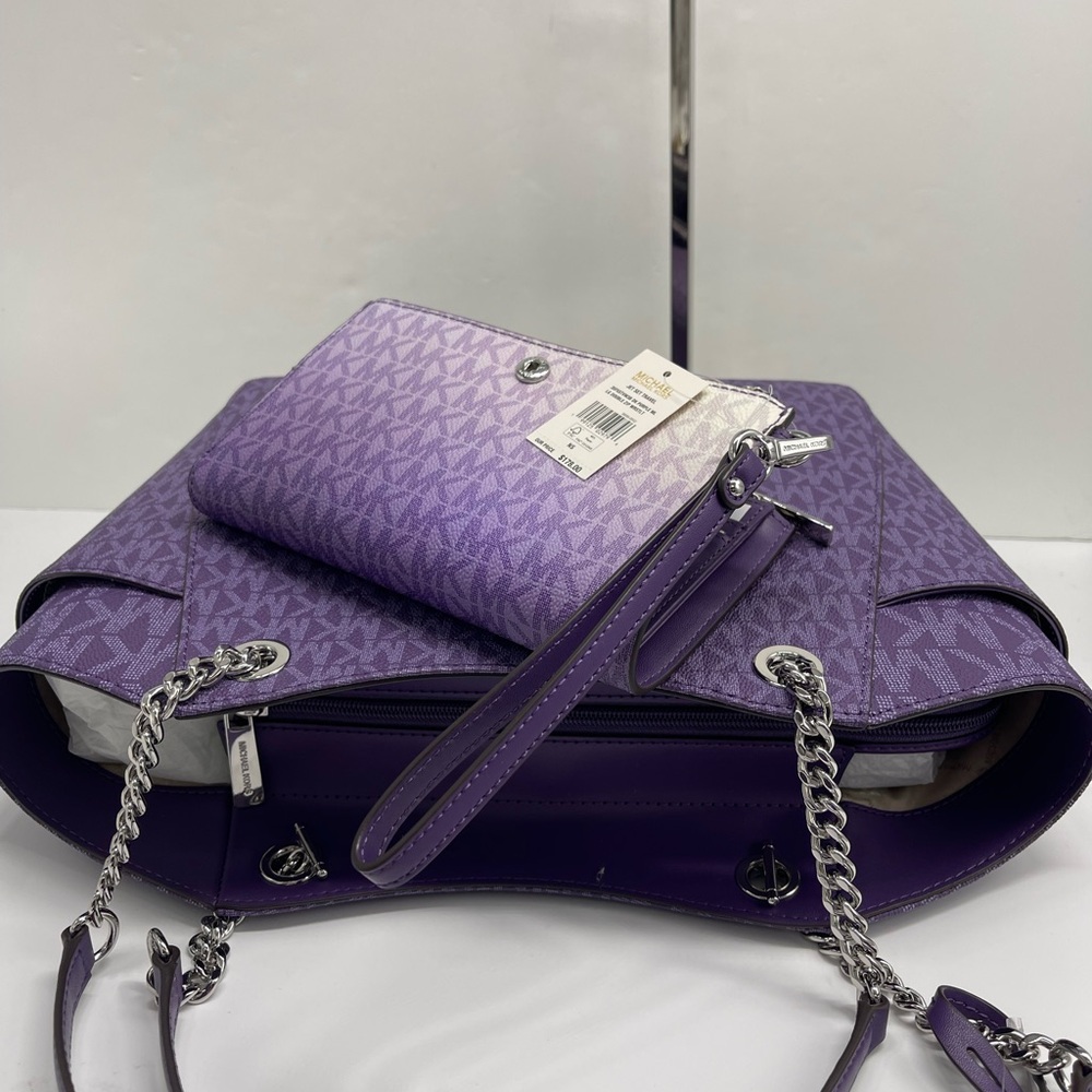 MICHAEL KORS JST Lg Chain Shoulder Tote & Double Zip Wristlet Wallet 
Dk Purple - Picture 9 of 16